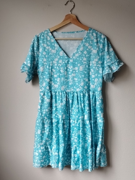Dresses & Skirts - Classic Aqua Floral Women's Dress with Ruffle Sleeves